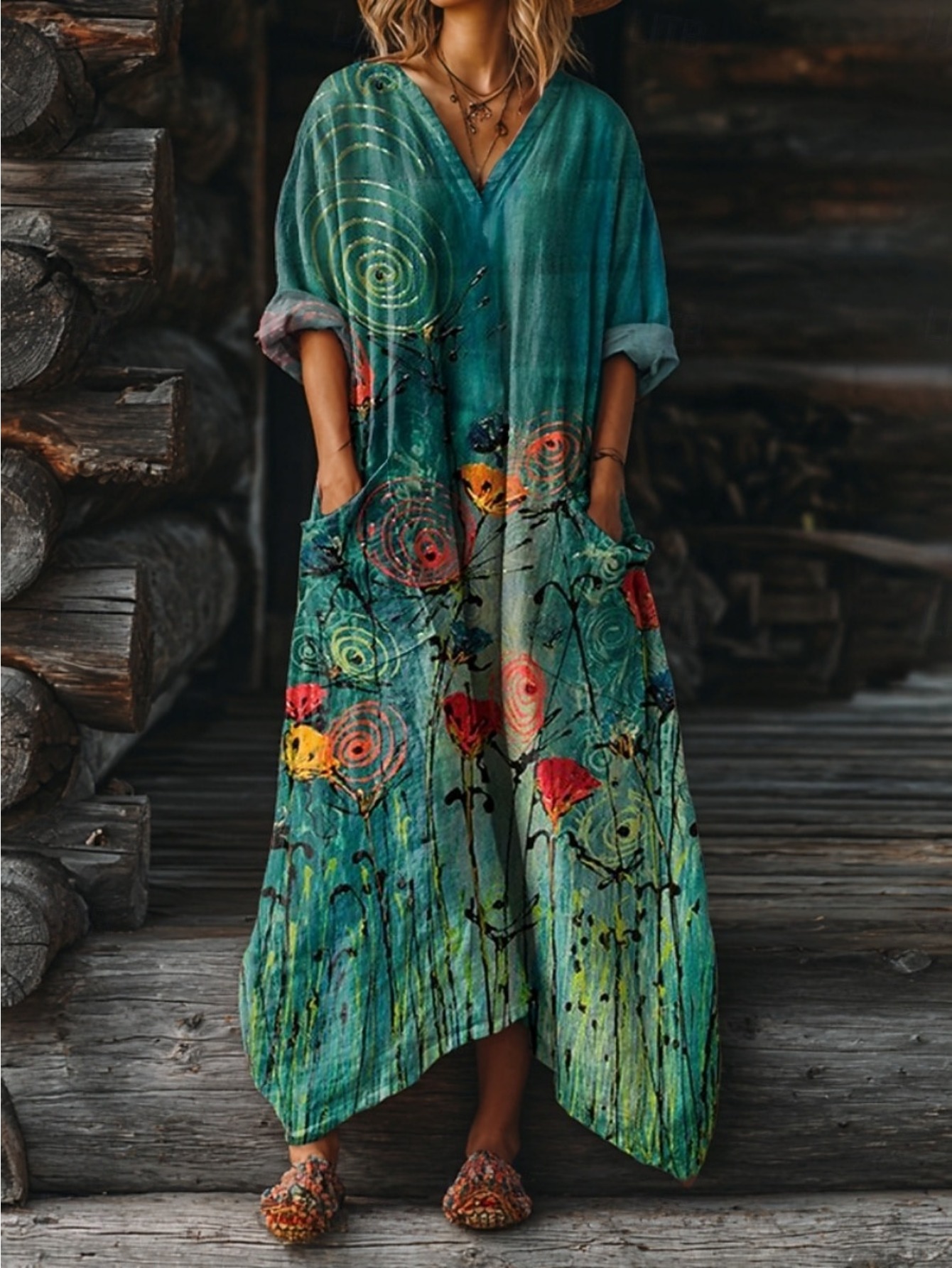 turquoise boho maxi dress Women's Boho Koko Palm Print Maxi Dress in Turquoise & White main image 0