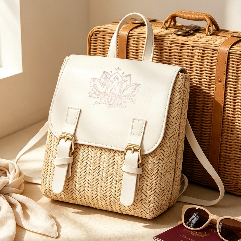 TEMU Casual Backpack Lotus Mandala Straw Bag, Boho Woven Rattan Design With Adjustable Straps, Lightweight Casual Daypack For Travel, Beach,