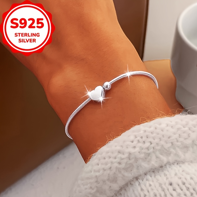TEMU 1pc S925 Silver 925 Silver Heart Snake Chain Bracelet, Heart-shaped Pendant 925 Silver Snake Chain Body, Skin-friendly And Hypoallergenic With