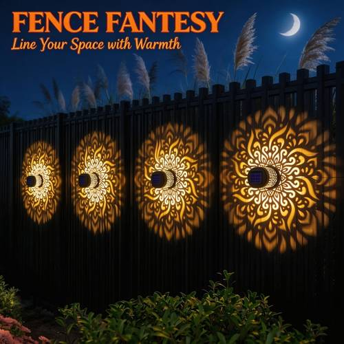 5pcs warm light mandala projection solar lights for outdoor fence wall decorative led shadow pattern lamp ambiance for garden patio backyard stairs deck courtyard pathway porch railings and driveway