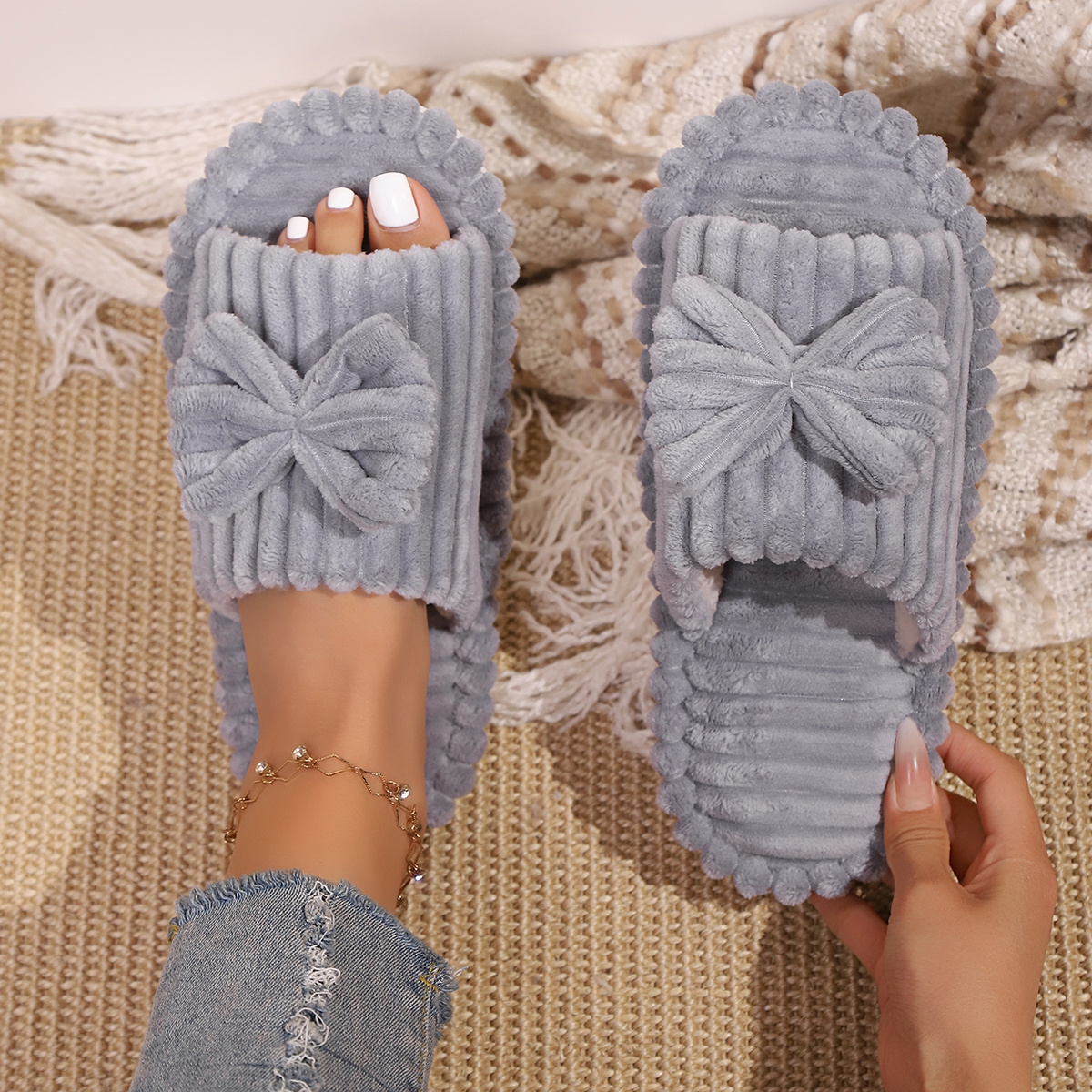 Image of Cute Bow Knot Corduroy Slippers Soft Sole Plush Indoor Home Casual Warm Winter House Shoes, Women Shoes