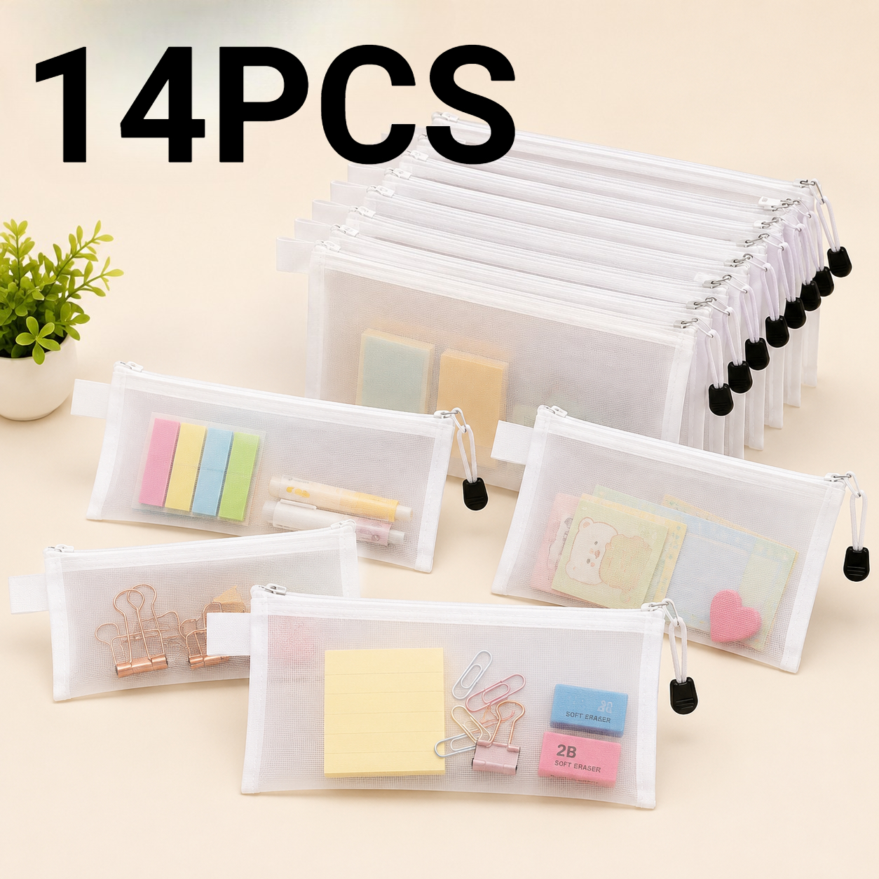 TEMU 14pcs Large Nylon Storage Bag And Document Folder Set - Featuring A Transparent Mesh Design. Ideal For Back-to-school Prep And Office