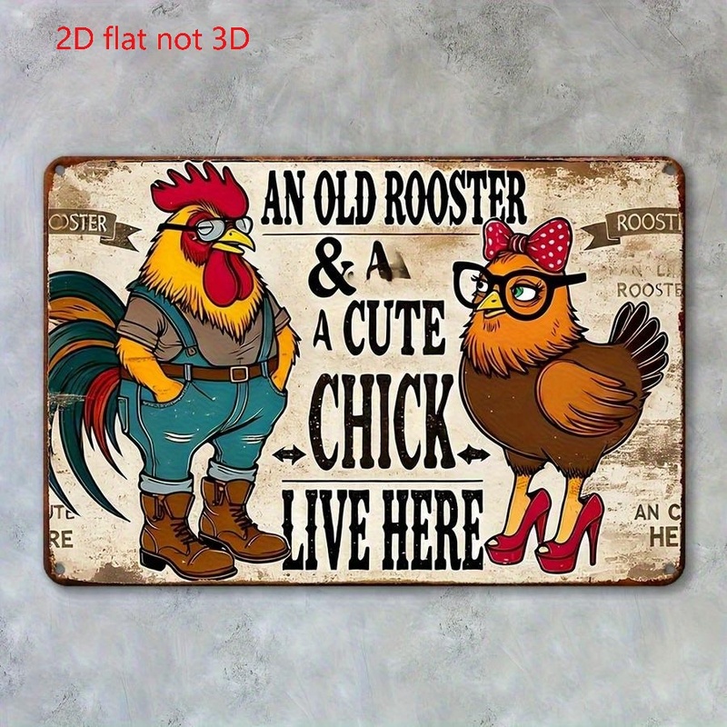 TEMU 2d Flat, [2d Flat] 1pc Rooster & Cute Chick Metal Wall Art, Rustic Iron Iron Sign, 2d Flat, Not 3d, Great For Room Bedroom Bar Wall Decor, 2d