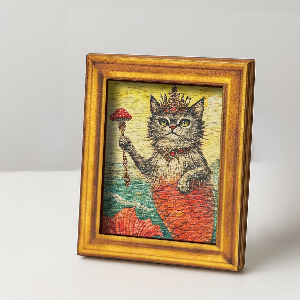 TEMU 1 aimant de réfrigérateur , peinture décorative mini en bois de chat fantaisie petite sirène, chat avec couronne tenant un , décoration