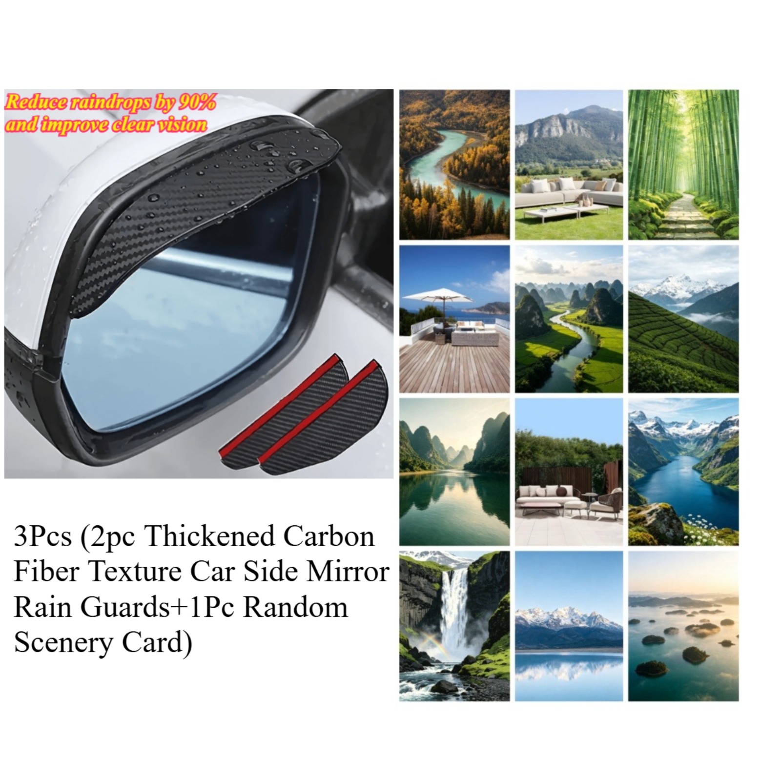 TEMU 3pcs (2pcs Thickened Carbon Fiber Texture Car Side Mirror Rain Guards And 1pc Random Scenery Card), Waterproof And Rainproof For Enhanced Clear