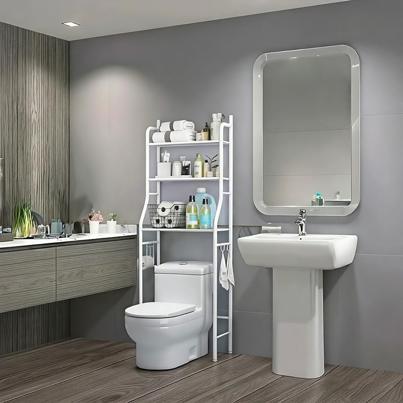 3-tier bathroom storage shelf - no-drill space-saving over-the-toilet organizer, heavy-duty metal bathroom cabinet with floor standing design, easy assembly bathroom shelving unit for toilet, shower, sink - white/black, shower organization,  , durable construction, multitier shelf, apartment living Product details 3