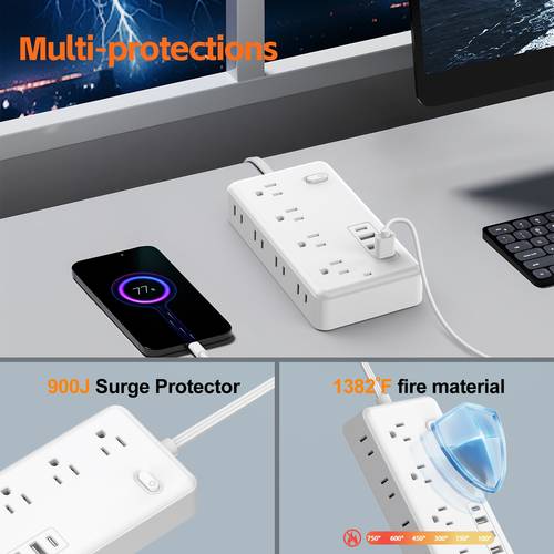 cable de alimentación de 5ft/10ft, protector contra sobretensiones con 8 de ca, 3 puertos usb y 1 interfaz tipo c, estación de carga de escritorio , en la pared, para , , dormitorio