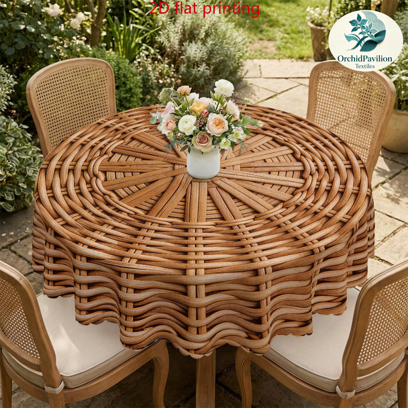 TEMU Lace- Round Tablecloth, 1pc, 2d Flat Printing, Rattan Texture Printed Round Tablecloth, Polyester Material, Multiple Sizes , Suitable For