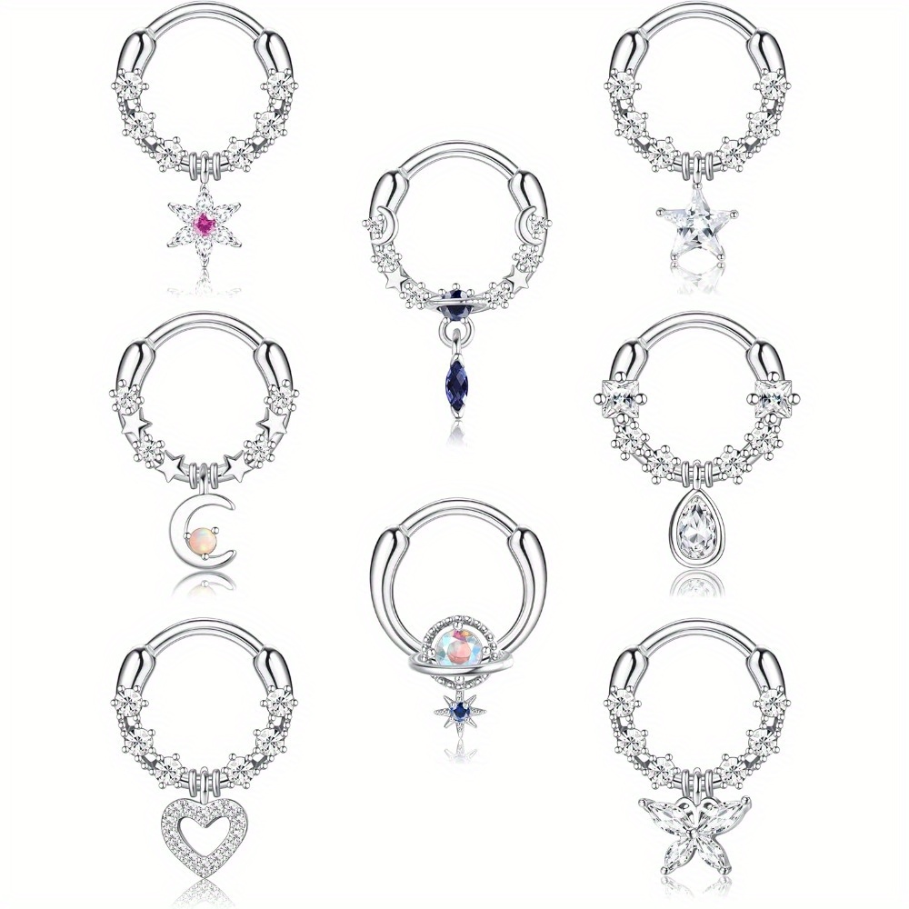 Image of Set Of 8 Septum Rings Featuring Dangling Teardrop Designs With And Clear Cubic Zirconia Stars And , Suitable For Tragus And Helix Piercings, Unisex Jewelry