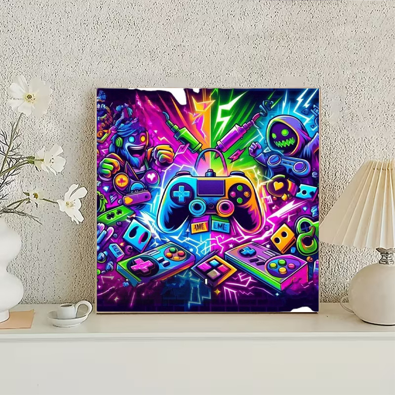 TEMU 1pc 5d Diamond Painting Kit | Game Theme Controller With Cartoon Characters, Round Diamonds, Unframed, Multiple Sizes, Suitable For Living Room