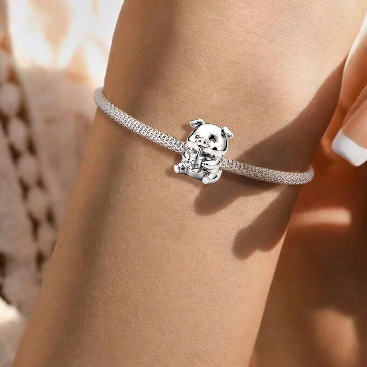925 Silver Plated Pig Bead Charm for DIY Jewelry Making