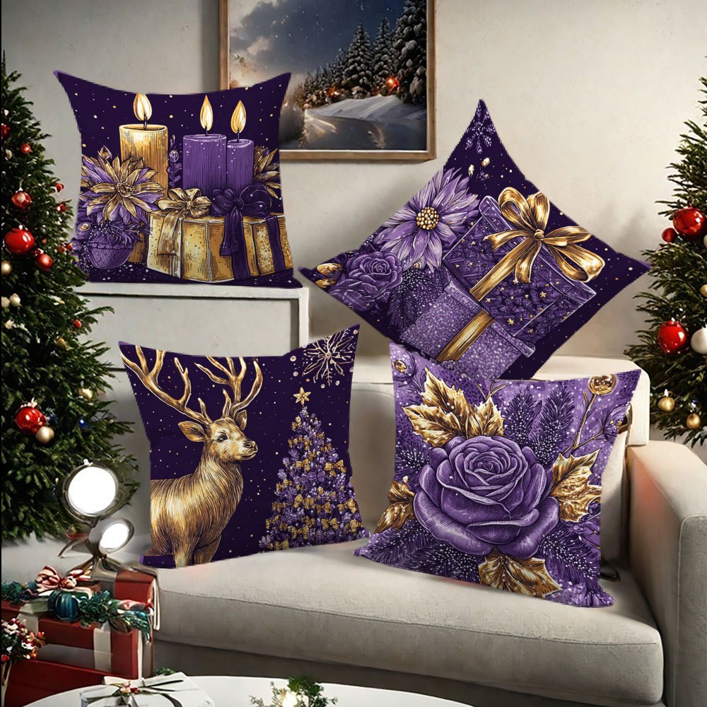 TEMU Set Of 4 Christmas Cushion Covers Featuring Elegant Festive Designs. Showcase Candles, Presents, Reindeer, And A Splendidly Decorated Christmas