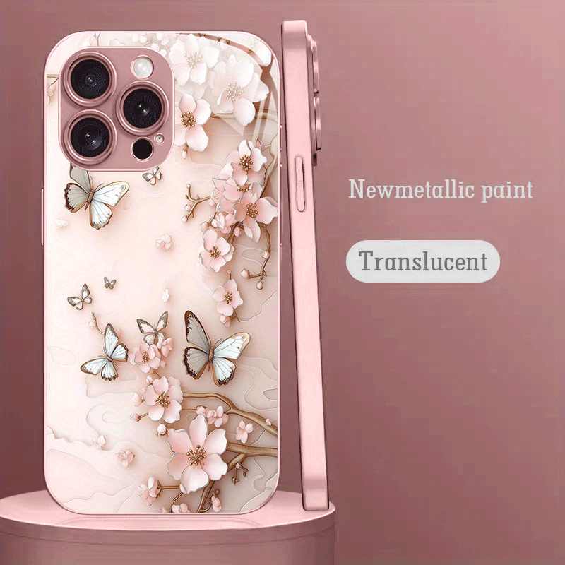 TEMU Phone Case - Pink Cherry Pattern Pink Metallic Paint Tempered Glass Hard Phone Case Suitable For Iphone 16/16 Pro/16 Plus/16 Pro Max/ Pro/15 Pro