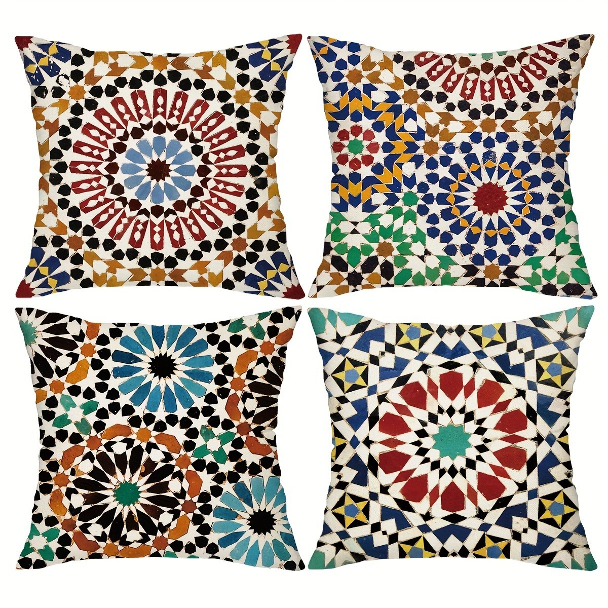TEMU Lot de 4 taies d'oreiller 4pcs style bohème marocain face unique - Motif géométrique mosaïque abstraite, à fermeture éclair, convient pour