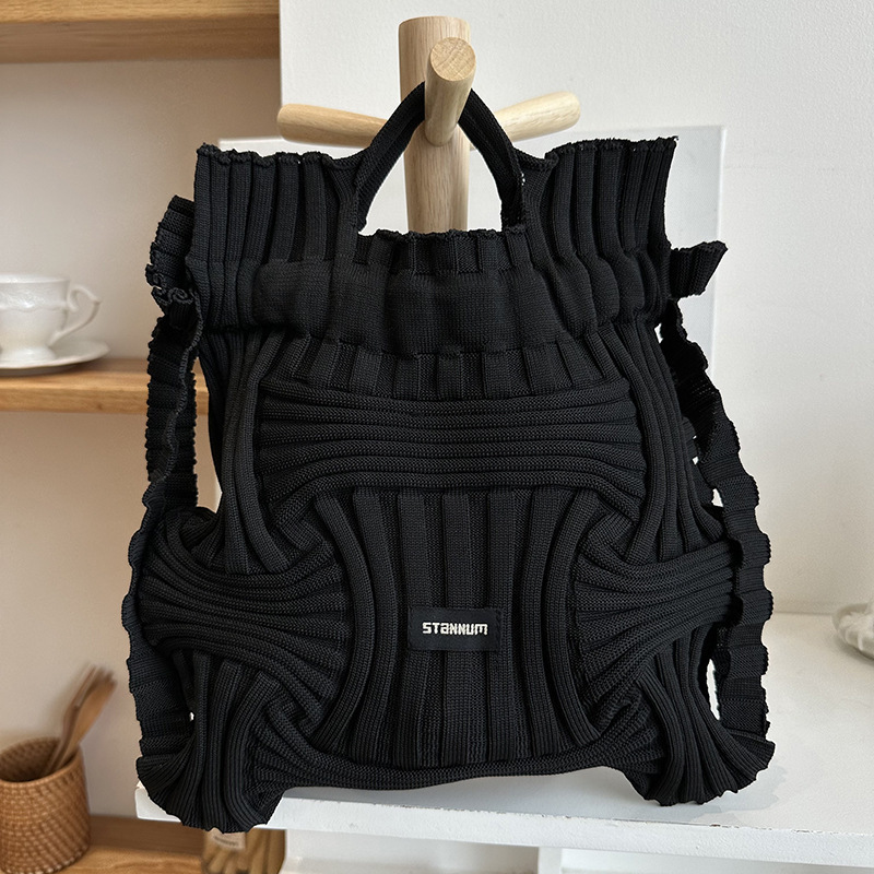 TEMU Casual Knitted Woven Handbag With Drawstring And Hand-held Bag A Japanese And Korean Style A Stylish Soild Bag