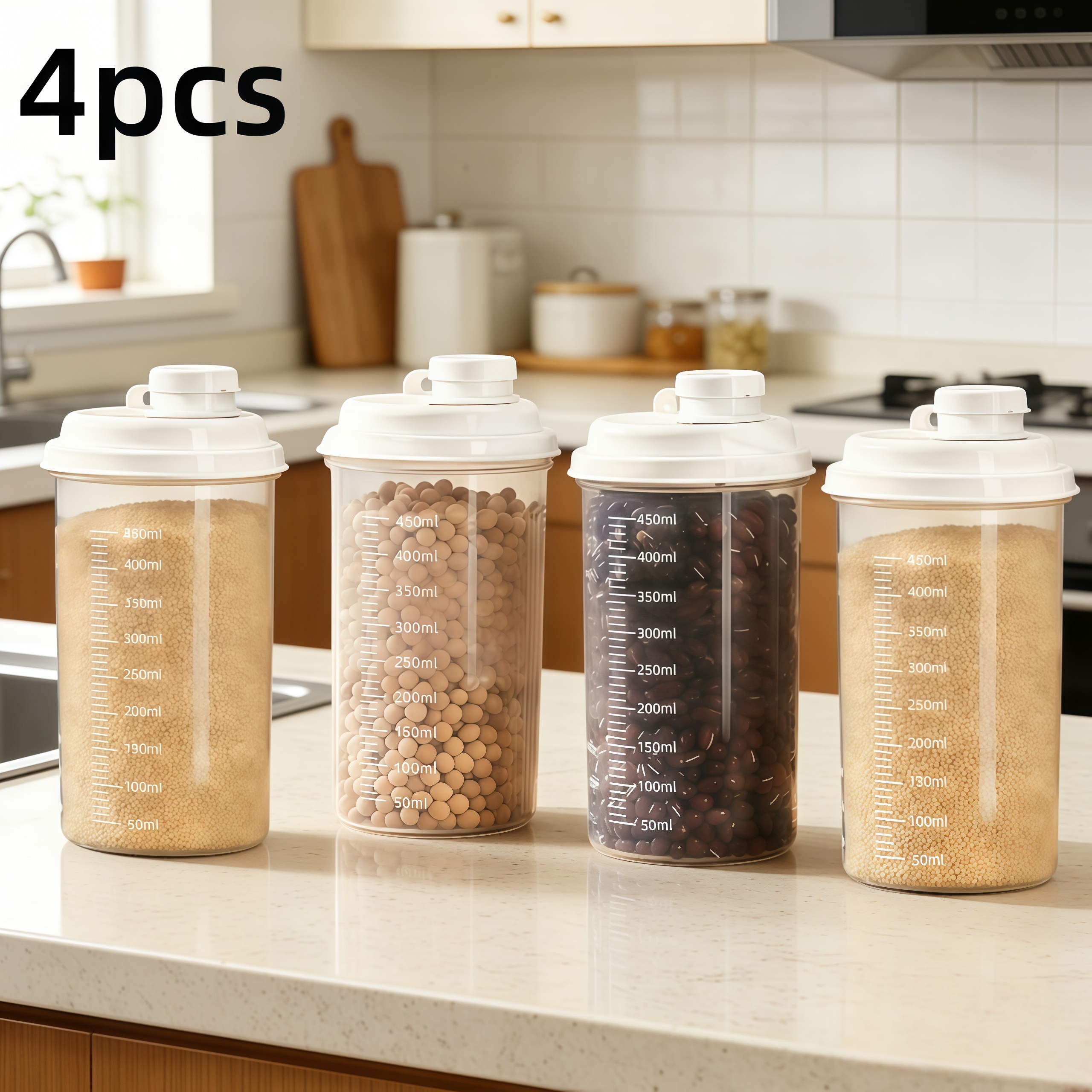 TEMU 4pcs Multi-functional Sealed Grain Storage Jars With Transparent Body - Food Storage Containers With Measurement Marks, Rice And Cereal