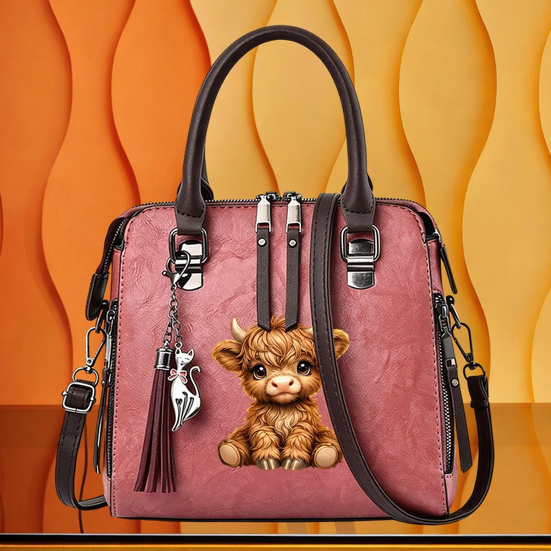 TEMU 1pc Cute Highland Cow Graphic Boston Bag, Women's Novelty Shoulder Bag, Top Handle Satchel Purse, Versatile Crossbody Bag For Daily Commute And