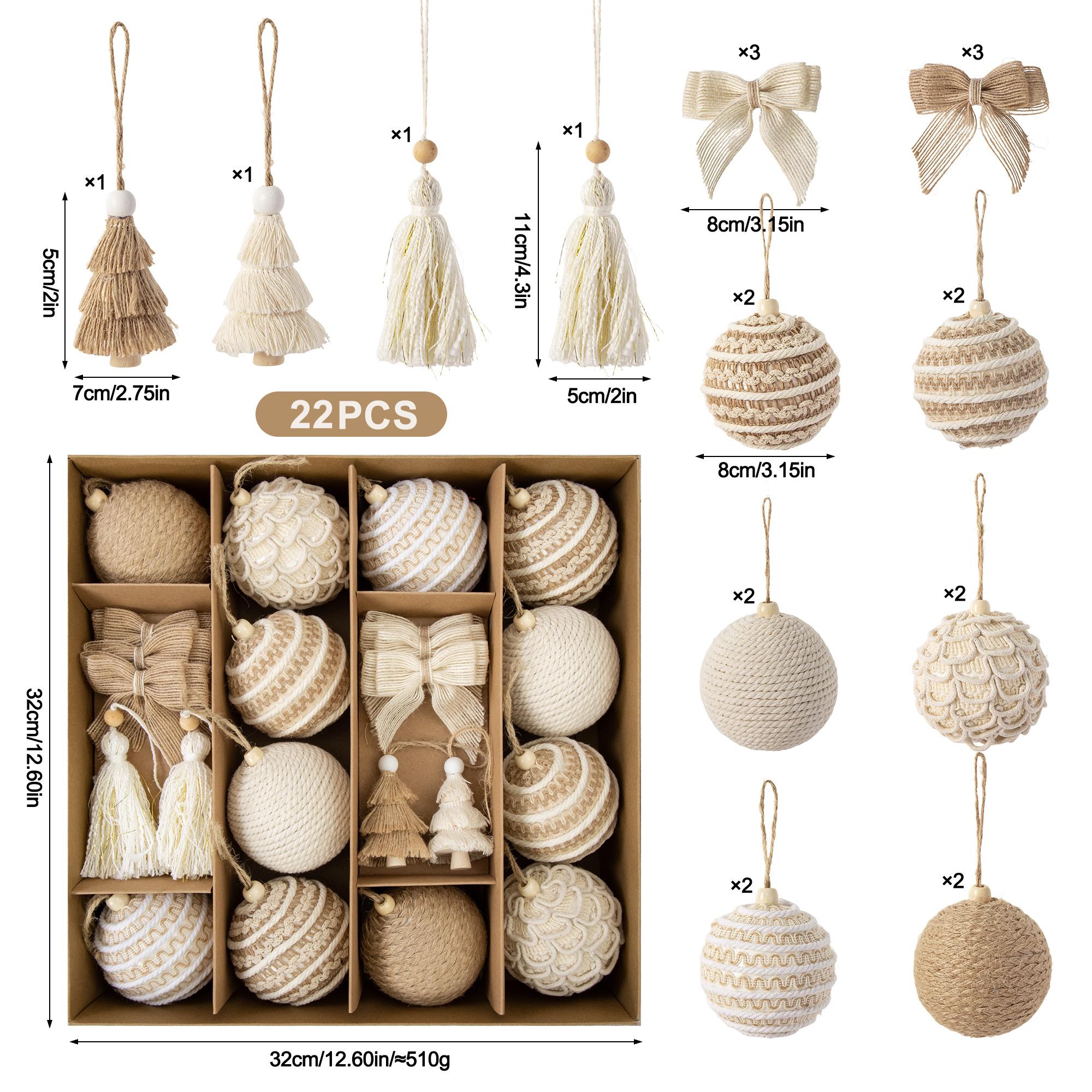 TEMU Boîte cadeau d'ornements de Noël beige bohème 22 pièces, suspensions de Noël multi-styles - Boules tricotées, pendentifs à franges, mini