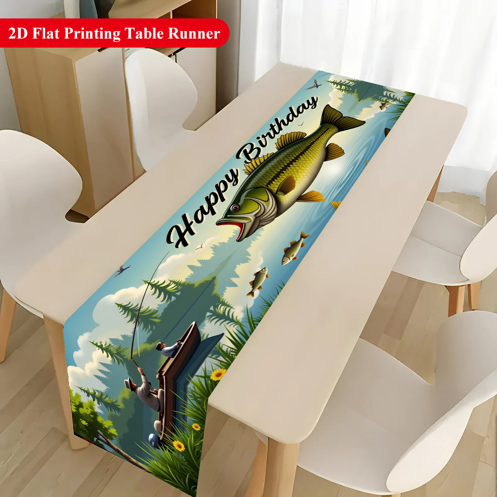 TEMU 1pc Chemin de table plat 2D, Nappe rectangulaire en polyester pour d'anniversaire du pêcheur, Bannière de table de réception, Chemin de table en