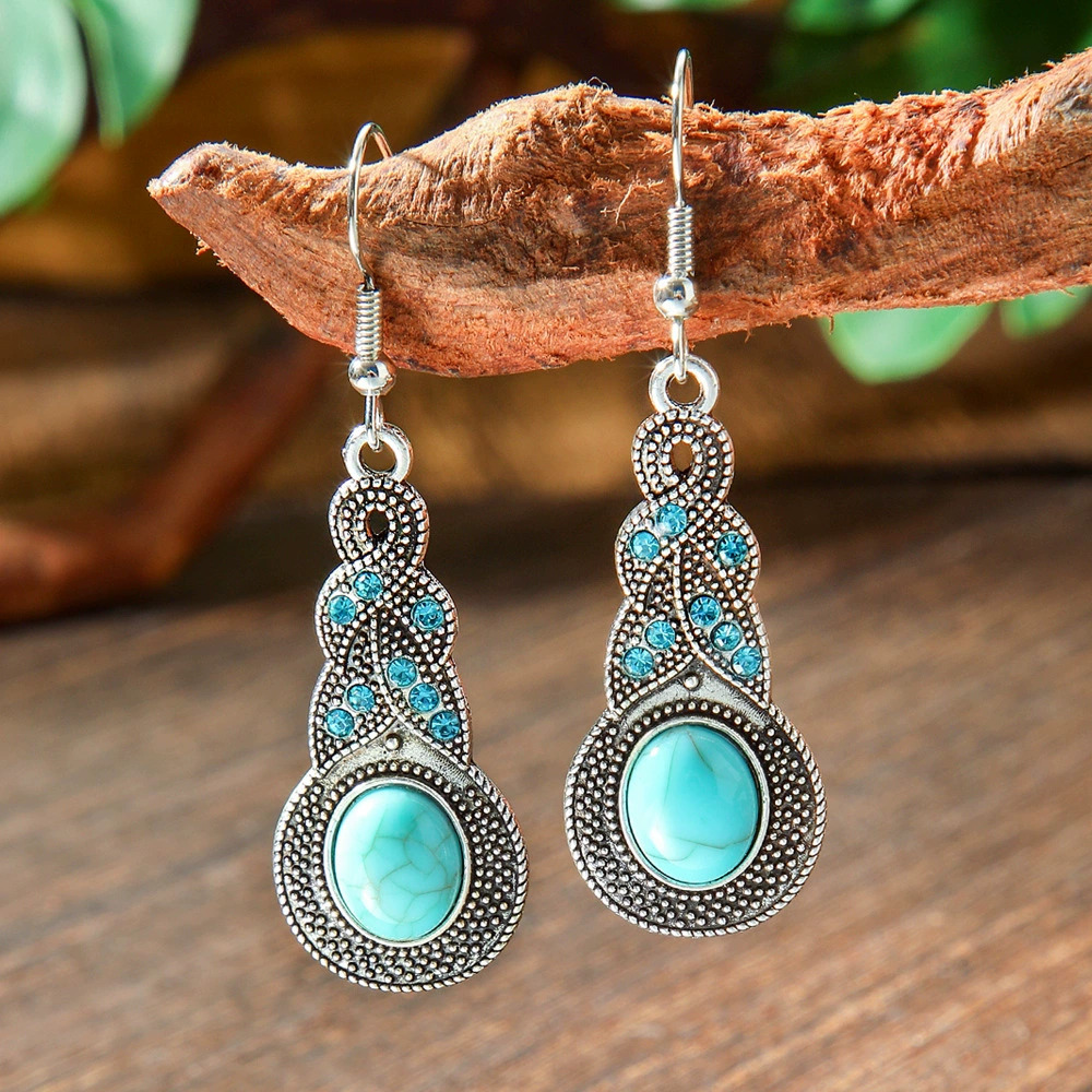 TEMU 2pcs Bohemian Vintage Teardrop Turquoise Earrings For Women & Suitable For Men's Style - Retro Statement Jewelry With Teardrop Turquoise Stones,