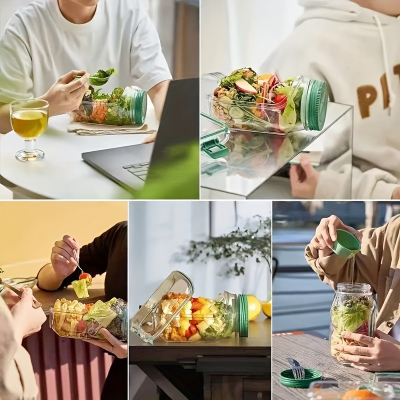 Mason Jar Salad Container, Side Opening, Convenient Lunch Container with Condiment Holder, Microwave, Dishwasher, and Refrigerator Safe. Ideal for Lunch, Dinner, Office, and Travel. A Practical Kitchen Gadget.