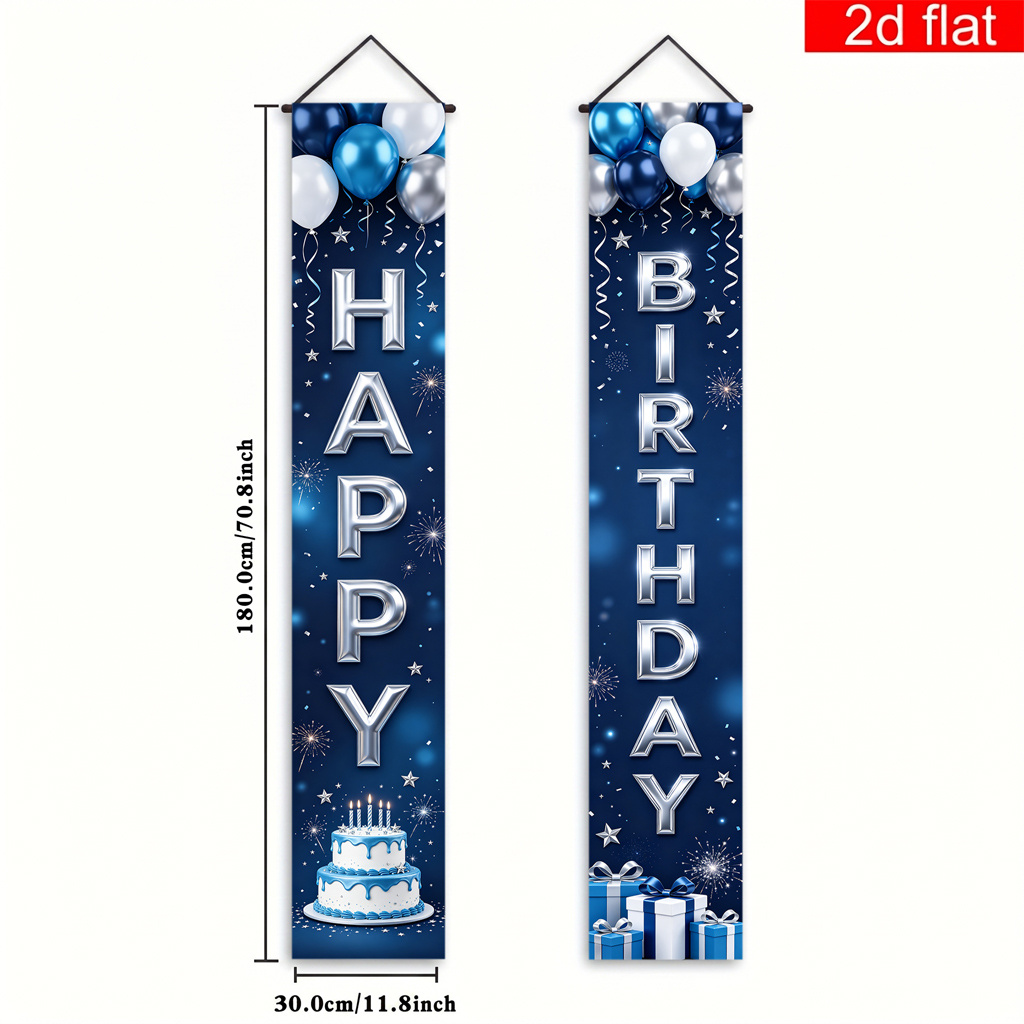 TEMU 2d Flat, 2d Flat Banner, 2pcs, Happy Birthday Themed Couplet Door Side Hanging Banner, Blue Celebration Porch Decoration, Happy Birthday Letter