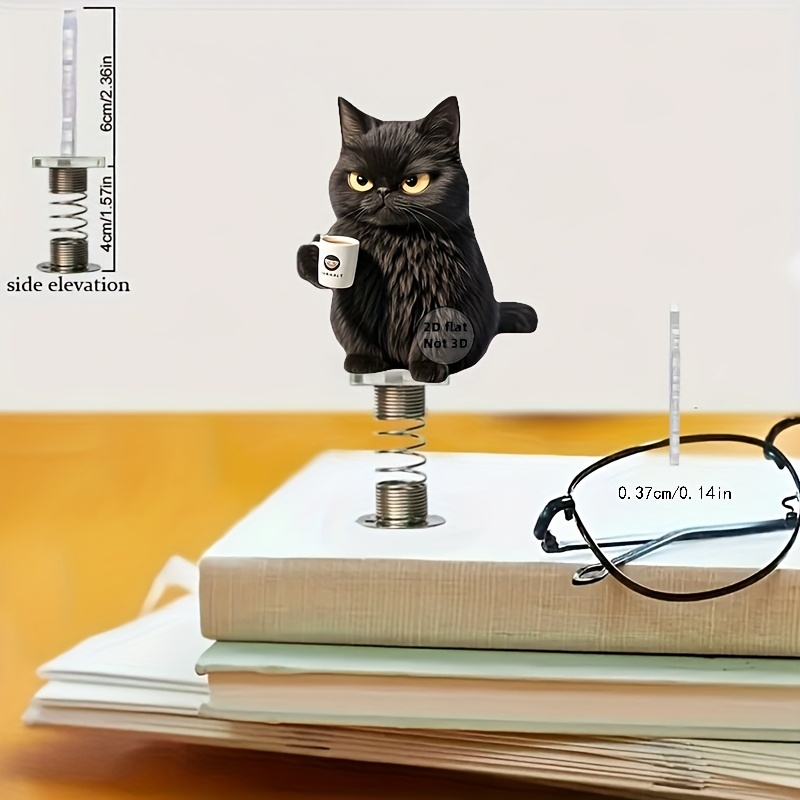 2d Flat Black Cat Drinking Coffee Spring Ornament - Adjustable Height Acrylic Car, Desktop, And Bicycle Hanging Decoration, Humorous Gift For Cat Lovers, Family, , With Metal Spring Mechanism, 2d Flat