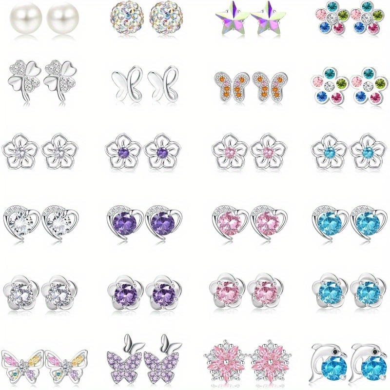 Image of 24 Pairs Stud Earrings Set For Women Cubic Zirconia Earring Round Heart Cz Flower Stud Earrings Jewelry For Christmas Gift, Ideal For New Year And Daily Wear