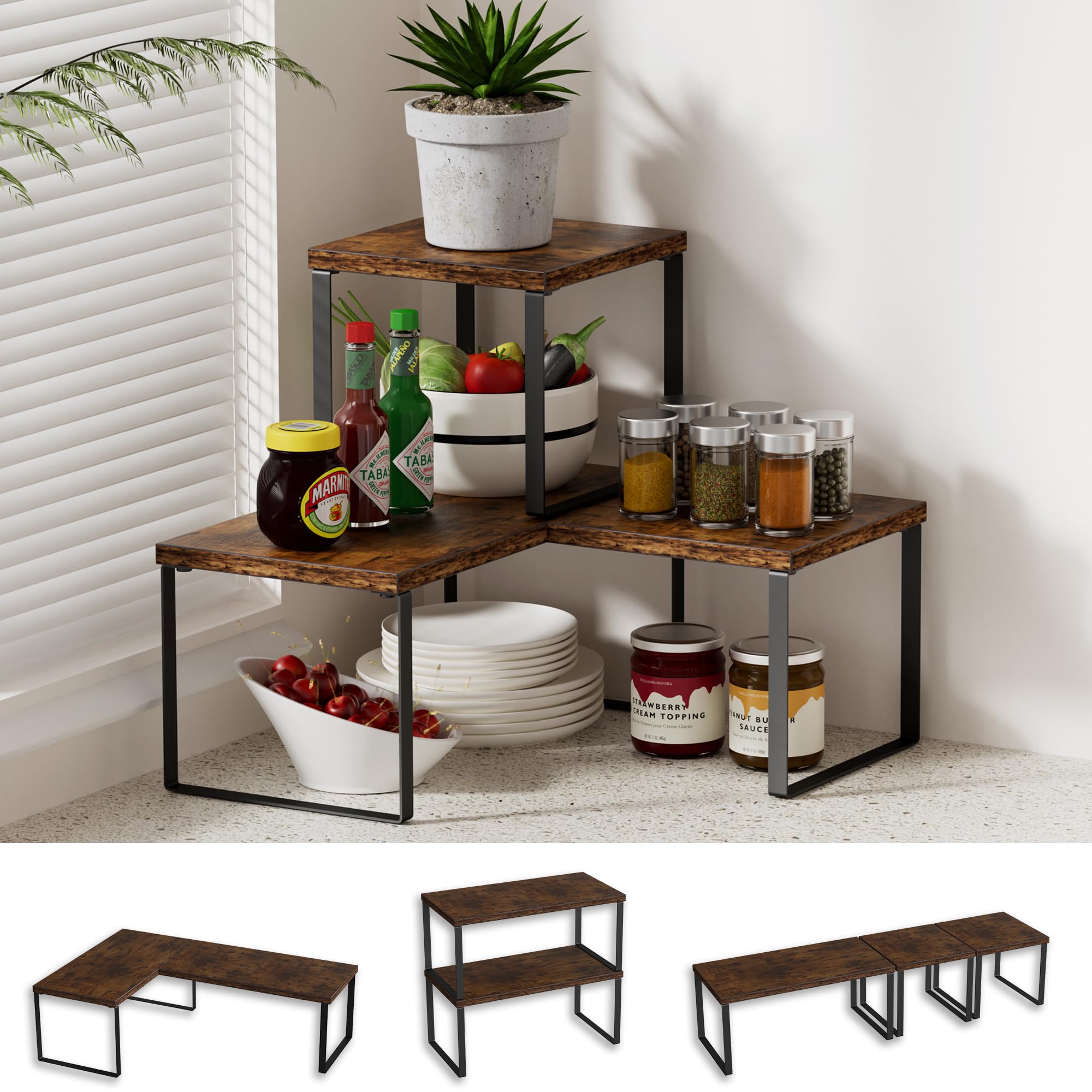 Image of Countertop Organizer Corner Shelf, 2 Tier Adjustable Stackable Corner Shelves For Kitchen, Bathroom, Spice Rack, Coffee Area, Cabinet, Dresser Table, Corner Counter Shelf Stand, Rustic Brown