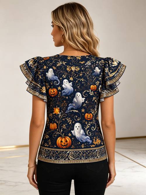 womens halloween ghost and pumpkin print ruffle sleeve top casual boho tee