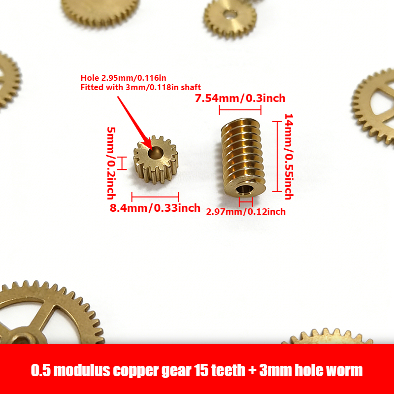 1 vnt. 0,5 modulio 3 mm skylės varinis pavaros komplektas + 1 vnt. 3 mm skylės sliekinės pavaros komplektas