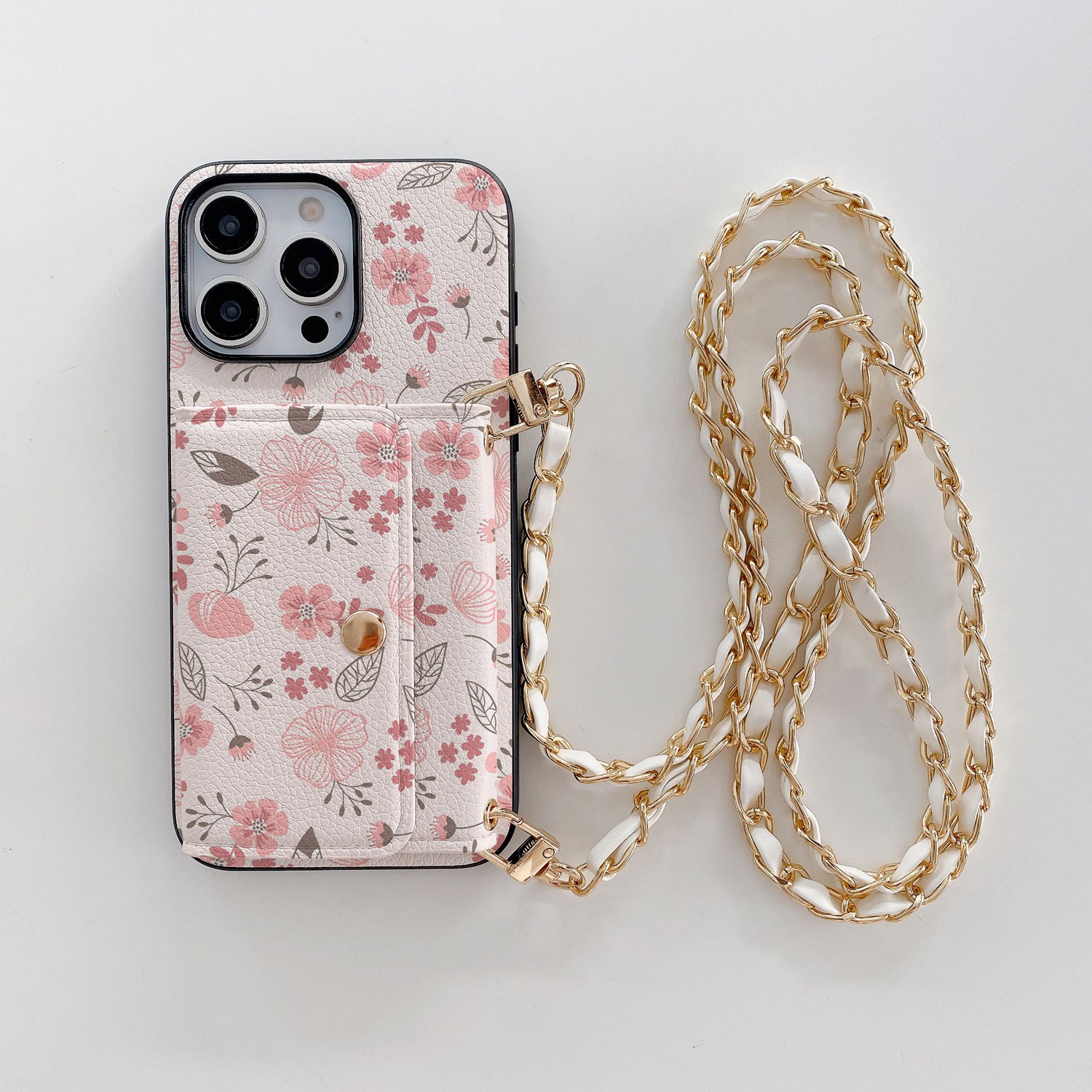 TEMU Phone Case - Korean- Pink Floral Phone Case Faux Leather Wallet- Lanyard For Iphone 13 11 14 12 15 16 17 Air