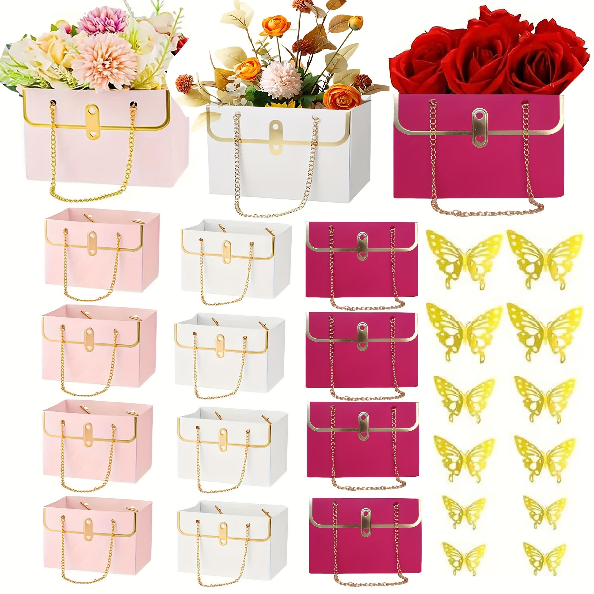 TEMU 24pcs Bouquet Gift Bag Set, Including 12 Bouquet Gift Boxes And 12 3d Decorations, Multi-functional Portable Flower Box Tote Packaging Bag,