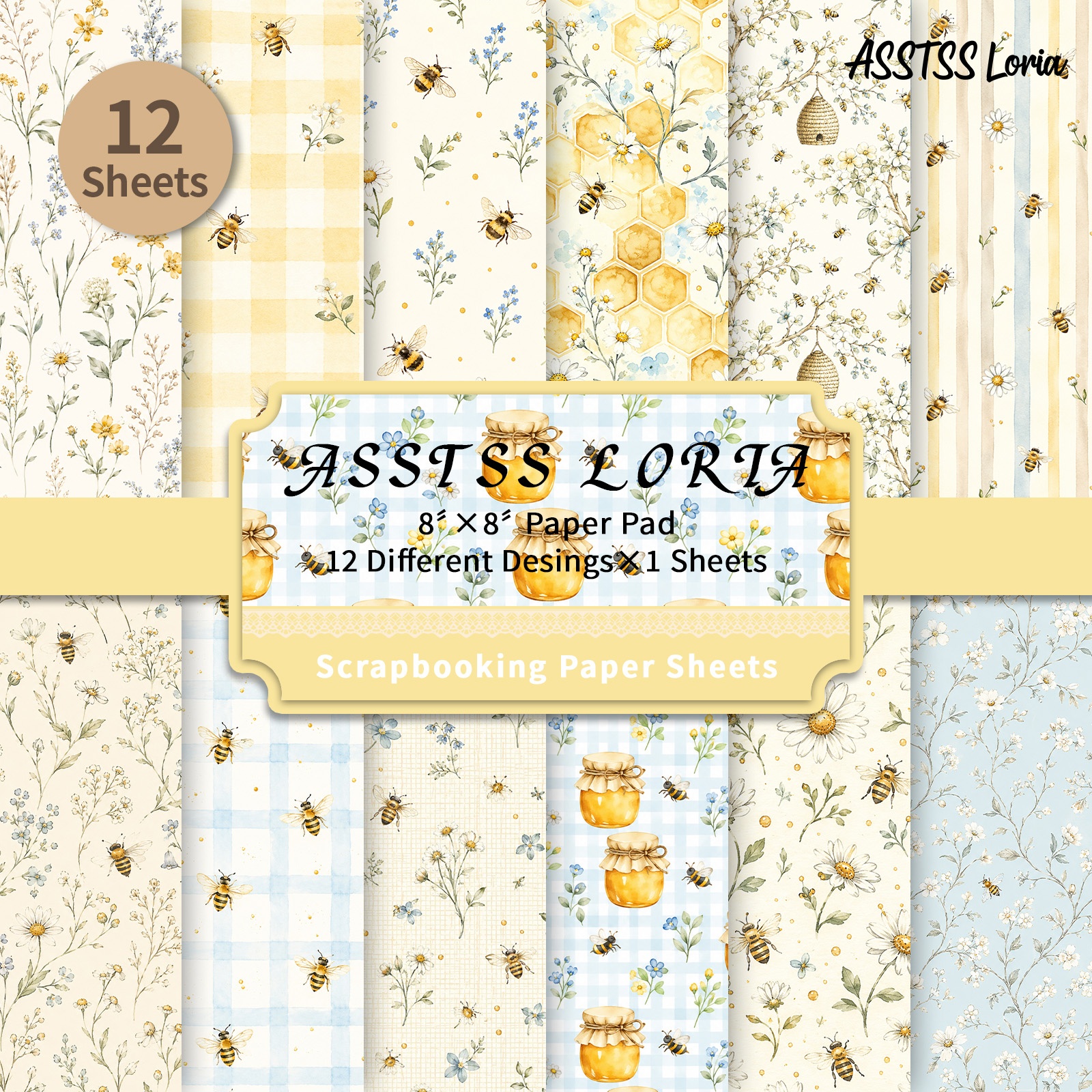 TEMU Lot de 12 feuilles de papier scrapbooking ASSTSS Loria 8X8 pouces, papier de support alvéolé pour apiculteur, papier cartonné épais pour