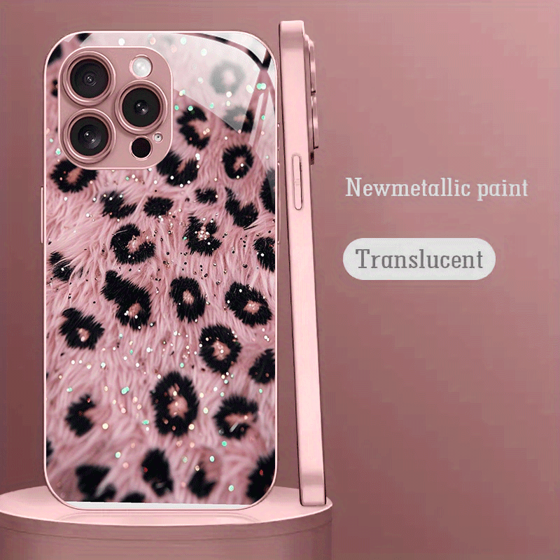 TEMU Phone Case: Premium Pink Leopard Print Pattern Pink Metallic Paint Tempered Glass Hard Phone Case, Suitable For Iphone 16/16 Pro/16 Plus/16 Pro