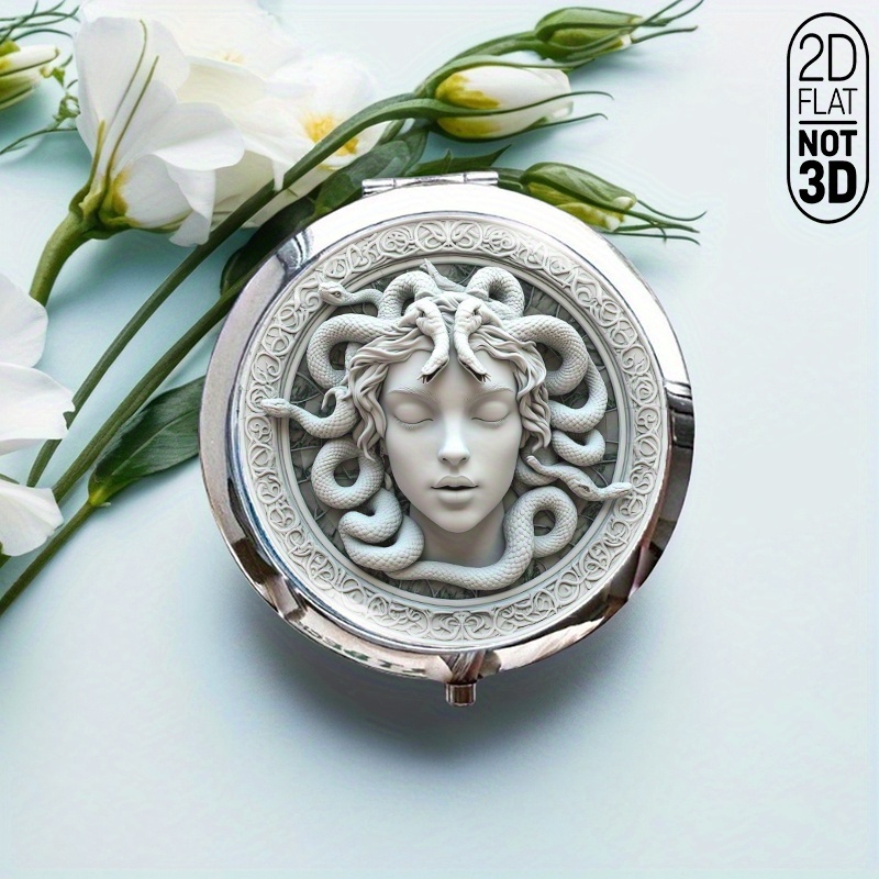 TEMU 1pc Greek Mythology & Snakes Stained Glass Folding Mirror - Portable Round Makeup Mirror With Glass Surface, Compact Travel Mirror For Women,