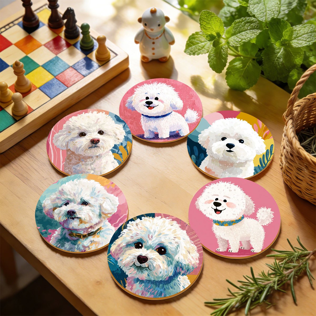 TEMU 6pcs Wooden Round Coasters 2d Flat Cute Curly Dog Cartoon Pattern Home Dining Table Anti-scald Mat Coffee Cup Tea Cup Heat Insulation Pad Office