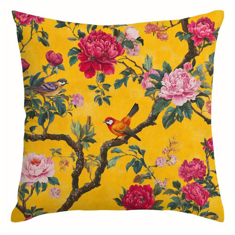 TEMU Illustration Of A Peony And Oriole In Chinese Style, Featuring A Single-sided Printed Throw Pillow Cover, Measuring 18x18 Inches. This Item Is