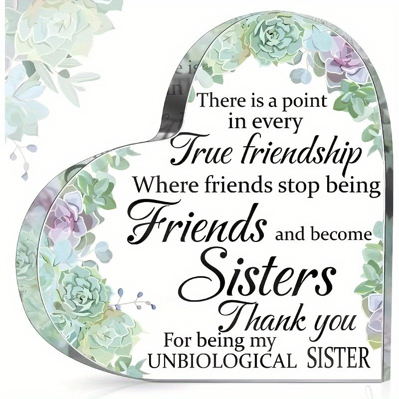 TEMU 2d Flat, 2pcs Of 2d Heart-shaped Acrylic Cards, Decorated With Flowers, The Text Interprets Between And 'sisters', Suitable For Multiple