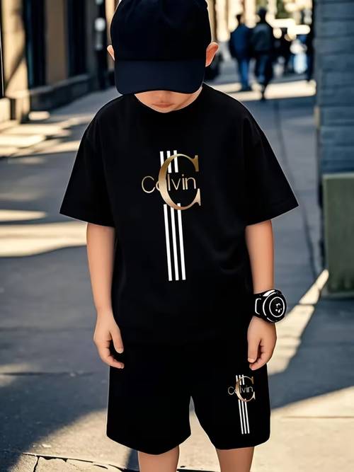 New Summer Short-Sleeve and Shorts 2pcs Set for Boys, Casual Sporty Style for Daily Outings, Comfortable, Skin-Friendly, Breathable, and Non-Stuffy, Suitable for School, Outings, and Home, Multi-Scene Wear, Trendy Letter Design