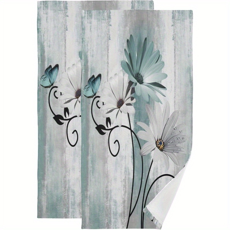 

2-pack Contemporary Style Polyester Towels, 18x26 Inches, Rectangular Bath Towels With Teal White Daisy And , Machine Washable, Multipurpose For Couples, Family,