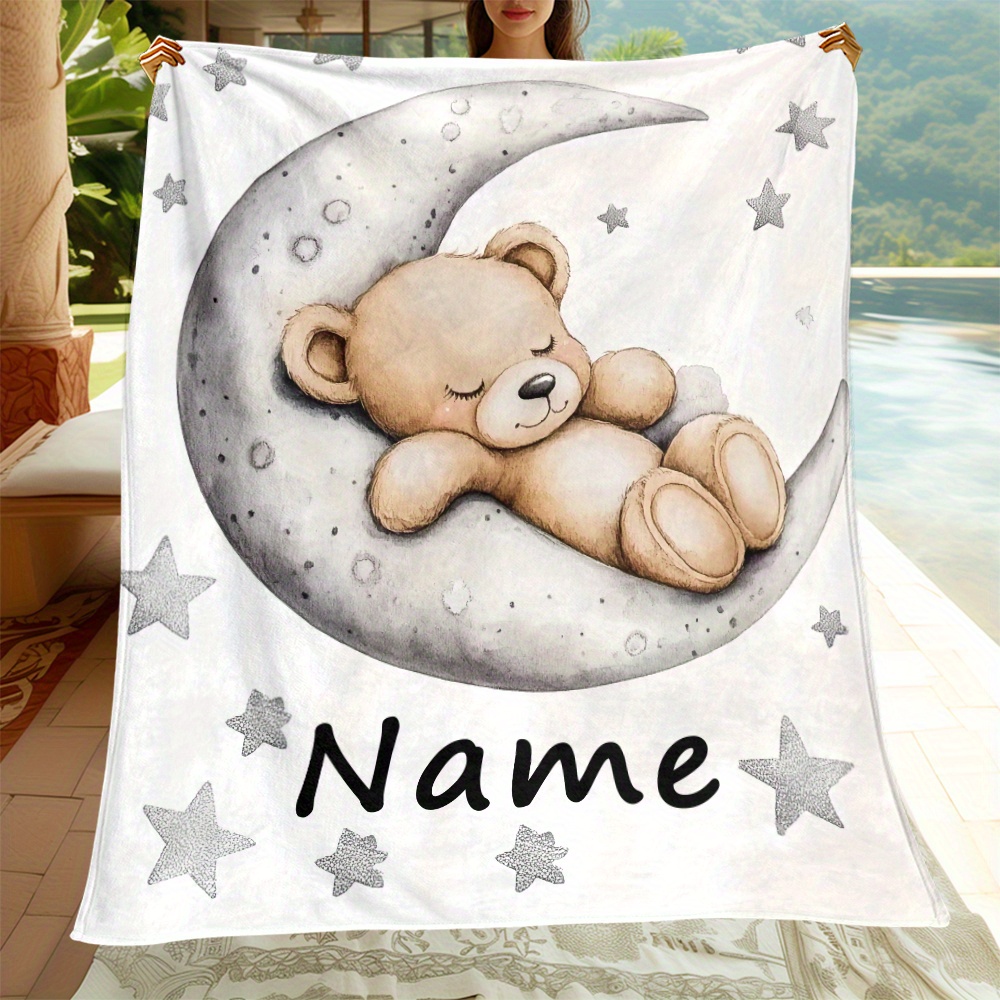 Custom Name Cute Bear Blanket, Portable Lightweight Flannel