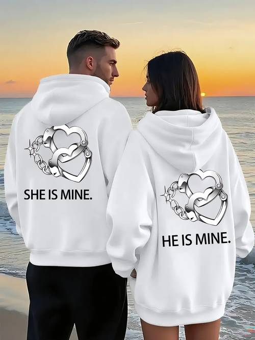 mine hes mine printed couple hoodie lightweight quick dry polyester sweatshirt with pockets autumn winter outdoor sportswear machine washable couple gift couple fashion set durable material street