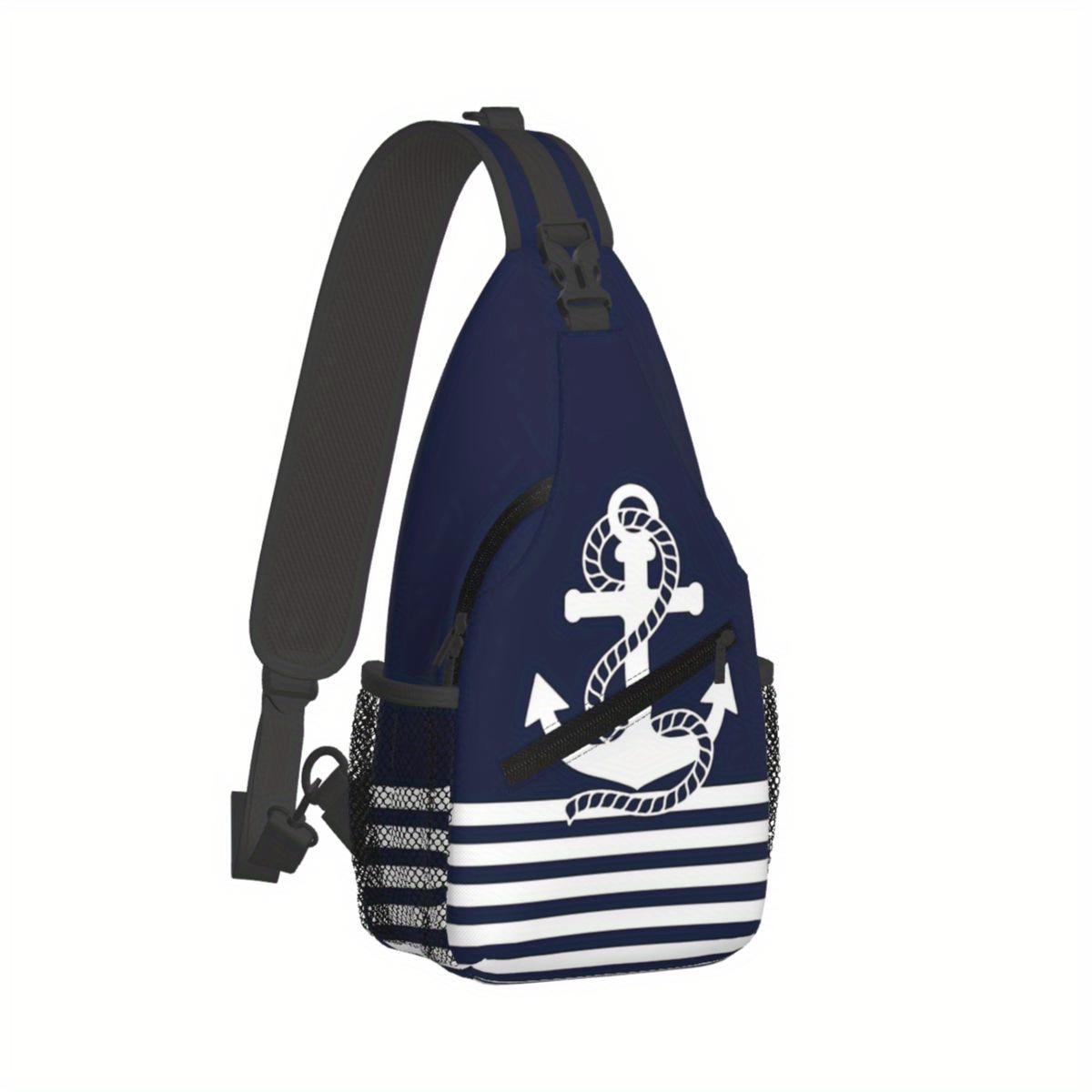 TEMU 1pc Nautical Sports Crossbody Sling Backpack - Knit Fabric With Anchor Print, Zippered Daypack For Travel, Hiking, Outdoor Sports, Machine Washable, Anti-theft Chest Bag