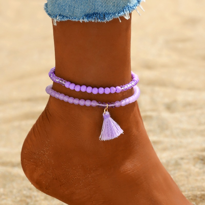 2pcs Women's Bohemian Color-block Purple Tassel Acrylic Beaded Elastic Anklet Set, For Daily Wear, Vacation, And Parties, Valentine's Day Gift, Birthday Gift