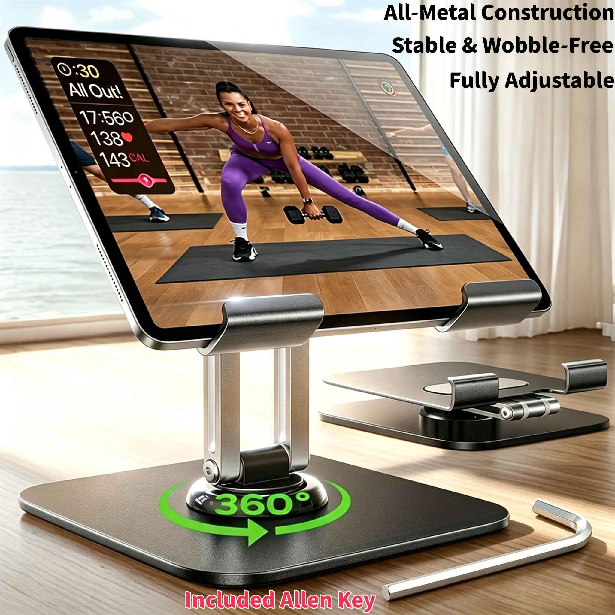 TEMU 2pcs Set (1 X Heavy-duty Adjustable Tablet Stand And 1 X Allen Key) - 360 Degree Rotating Base, Foldable Design, Construction, Ergonomic Desk