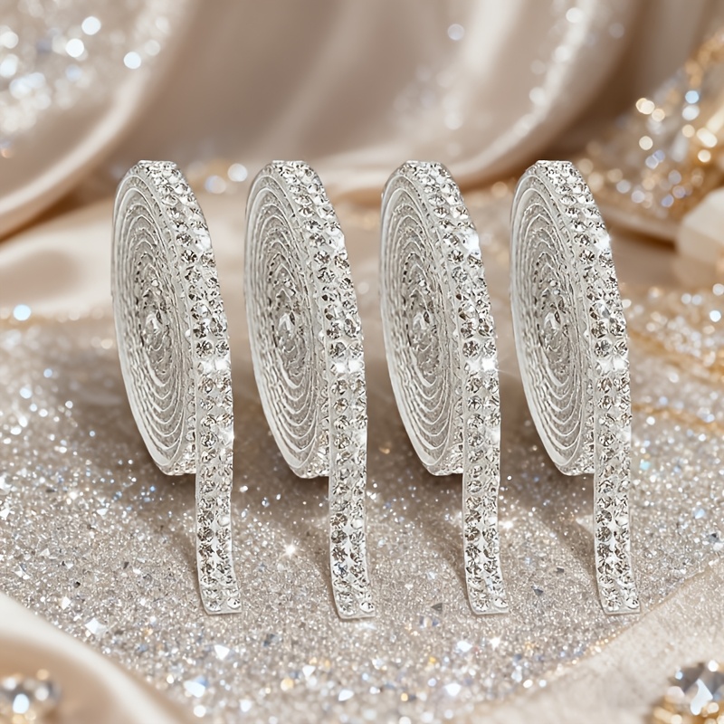 TEMU A Set Of 4 Rolls Of Self-adhesive Rhinestone Ribbon Stickers, Featuring , Designs, And Silvery Rhinestone Strips. Perfect For Arts And Crafts,