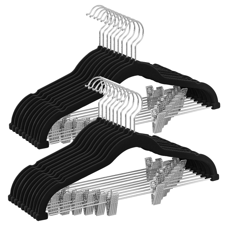 TEMU 20pcs Black Flocked Non-slip Hangers With Metal Pant Clips, Seamless Anti-shoulder Angle Suit Coat Hangers, Closet Space-saving Pant Rack