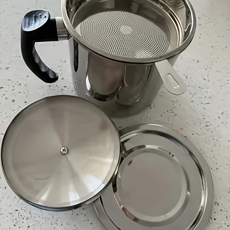 TEMU Stainless Steel Kitchen Oil Storage Container Mesh Filter, Featuring An Easy-pour Handle. It Filters And Stores Cooking , Offering Practicality