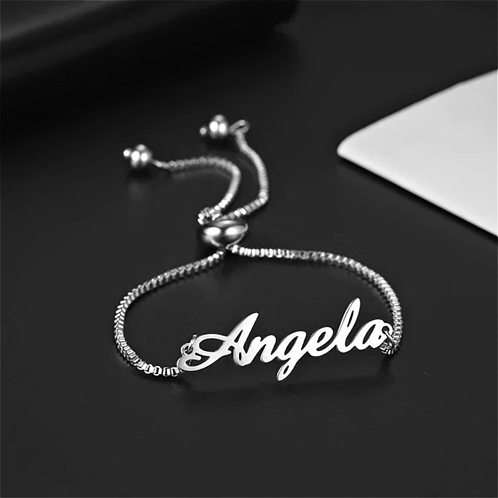 TEMU Bracelet Personnalisé en Acier Inoxydable avec Nom en Écriture Cursive, Plaque Nom Personnalisable avec Chaîne Boîte Coulière Extensible,